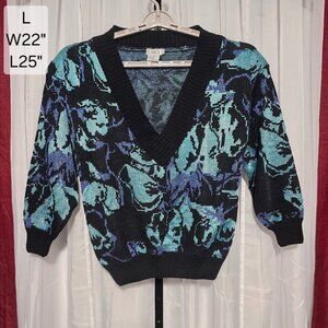 Vintage Segue Sweater Large Metallic Knit V-Neck Black Teal Purple 80s 90s Women